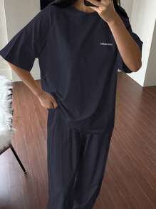 DAZY 2 件套女士睡衣套装，字母印花柔软舒适休闲套装睡衣 - 藏蓝色 - 查看 4