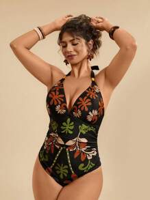 Travachic Plus Size Casual Summer Tropical Beach Black Geometric Floral Print V-Neck Halter One-Piece Swimsuit For Women