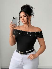 Elenzga Women's Solid Color Elegant Open Shoulder Beaded Bodycon Top - Black - View 3