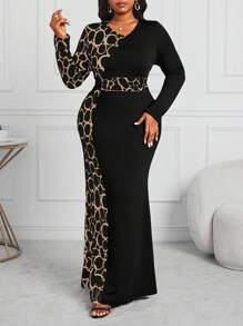 Fleurora Plus Size Women's Business Professional And Contrast Geometric Pattern Waist Fishtail Dress