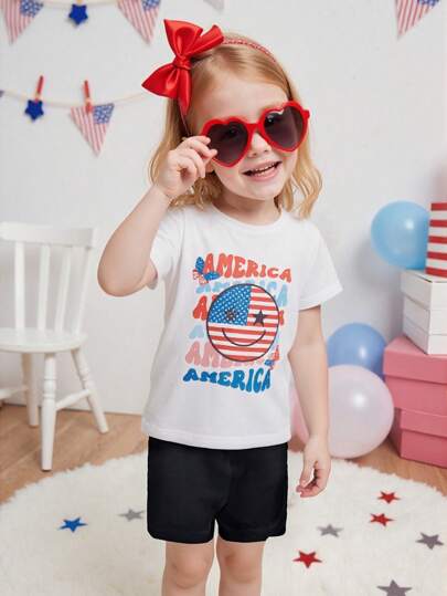 SHEIN 2 Pieces Set Baby Girls Infant 6M-3Y Street Fashion Cute Independence Day Pattern Round Neck Short Sleeve T-Shirt & Shorts Outfit, Soft And Comfortable Knit Fabric, Suitable For Spring/Summer, Outdoor Activities, 4th Of July