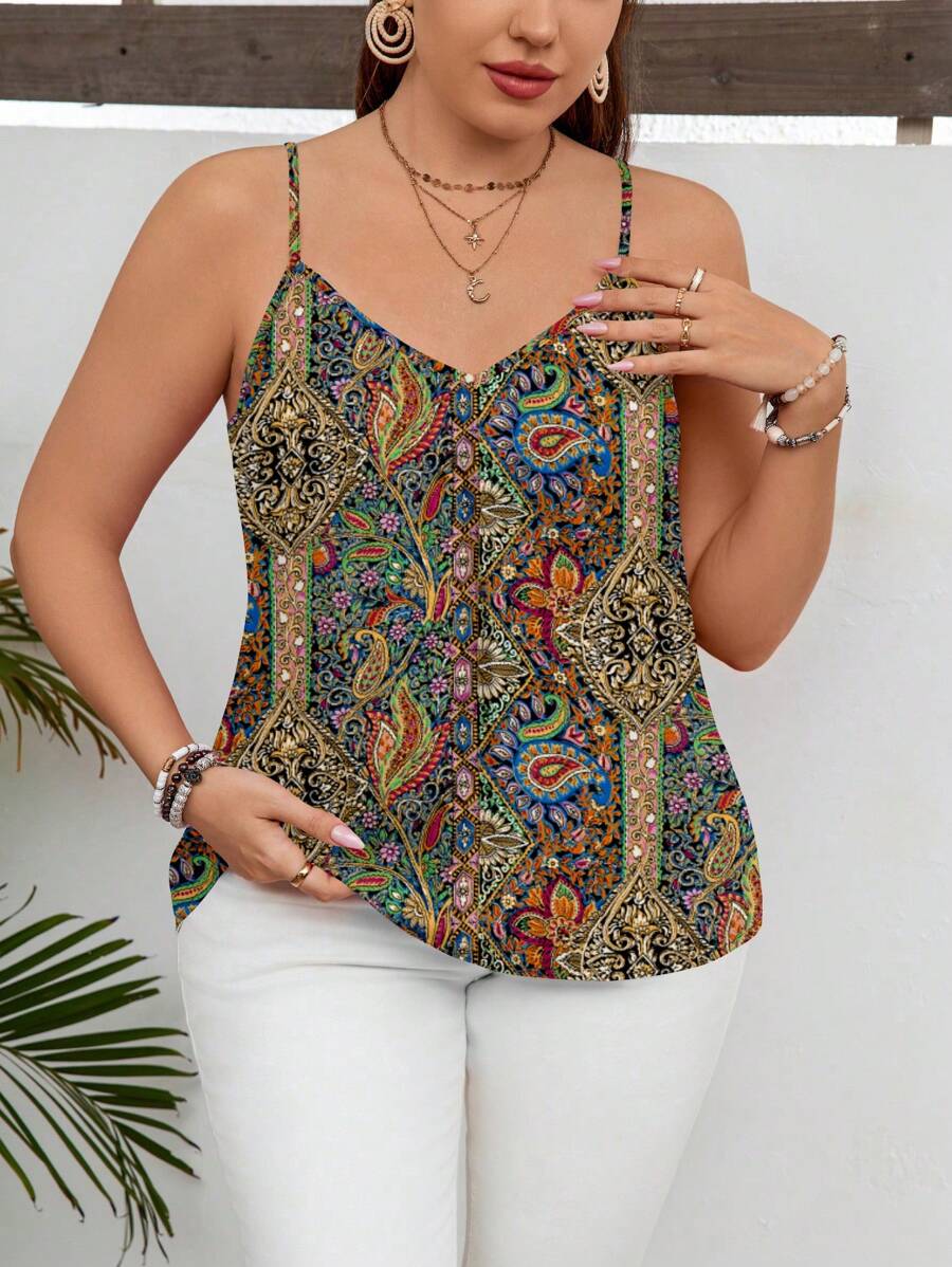 SHEIN LUNE {'Plus Size Tank Tops & Camis Titles': Plus Size Boho Paisley Print Woven Fabric Cami Top With Spaghetti Straps And Frill Details - Multicolor - View 1