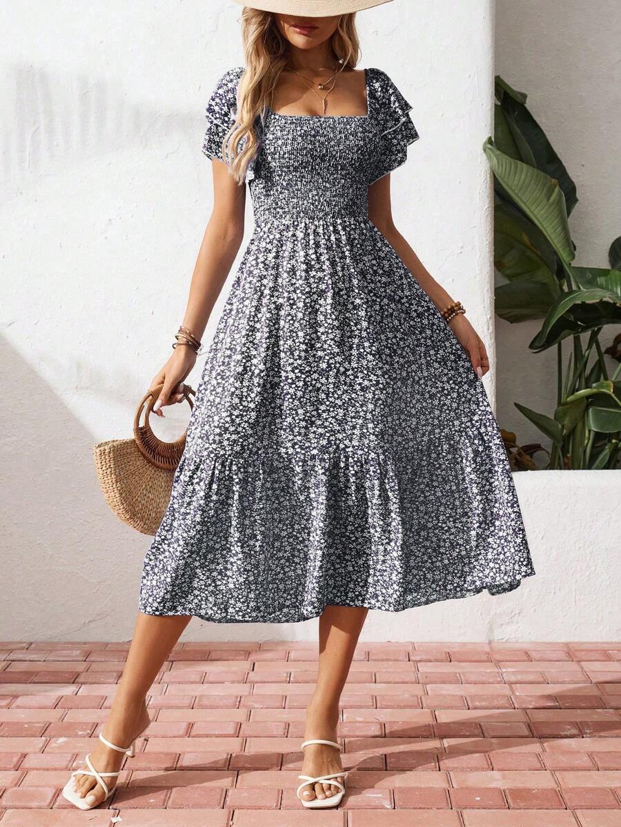 Breezaya Square Neck Ditsy Floral Casual Summer Short Sleeve Dress Maxi Vacation Beach Outfits Women - Navy Blue - View 1