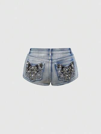 ROMWE Avant Vintage Y2K Punk Abby niedrige Taille super kurze Frauen Jeans Shorts mit Stickerei Waffen