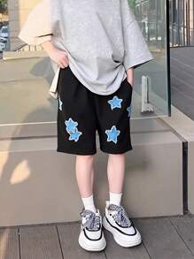 Tween Boys Fashion Cool Casual Embroidered Star Loose Shorts, Suitable For Sports And Outdoor, Spring/Summer - Black - View 1