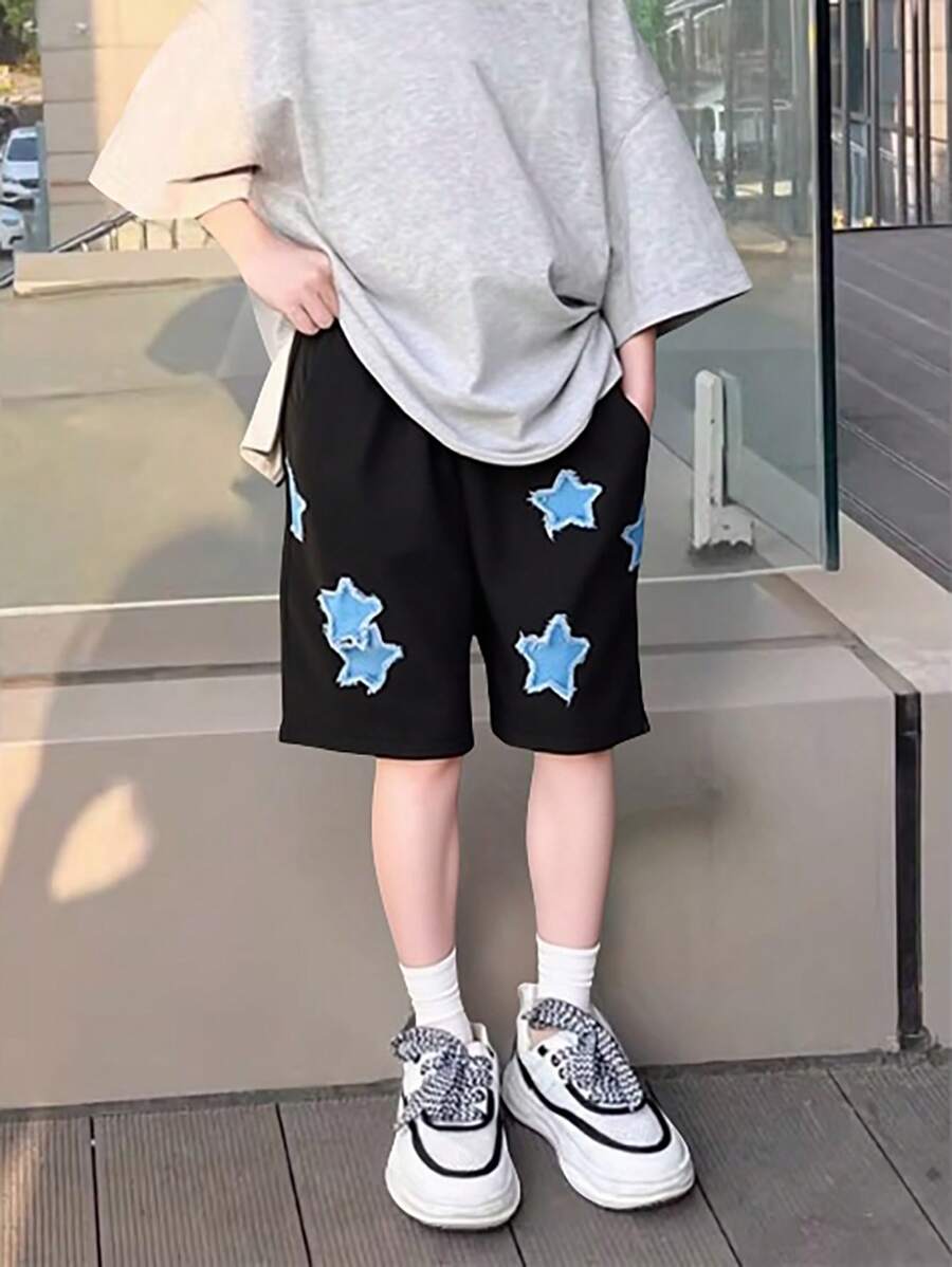 Tween Boys Fashion Cool Casual Embroidered Star Loose Shorts, Suitable For Sports And Outdoor, Spring/Summer - Black - View 1