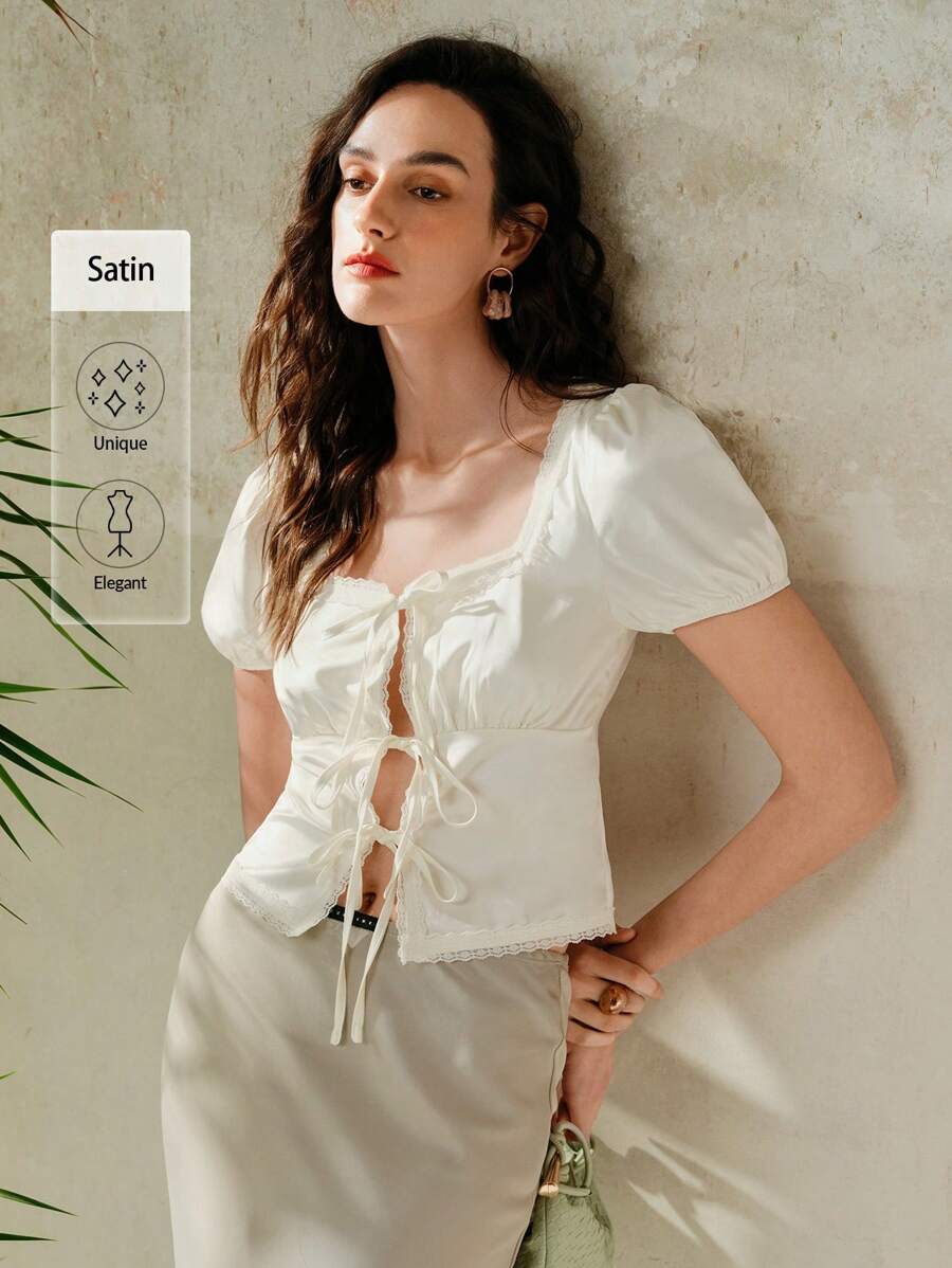 Chiquease 女士优雅方领撞色蕾丝前系带上衣 - 杏色 - 查看 1