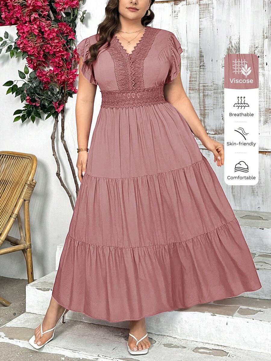 SHEIN Privé Plus Size Elegant Lace Insert V-Neck Loose Long Swing A-Line Short Sleeve Dress,Flowy Dress - Dusty Pink - View 1