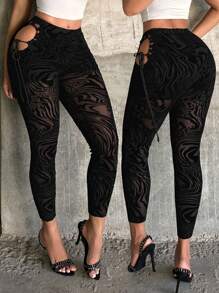 SHEIN SXY 女式斑马纹侧开衩系带网眼打底裤，女式打底裤，女式黑色裤子，网眼，性感，夜店装扮，性感女装，辣妹，街头装，夏季，Y2K，外出 - 黑色 - 查看 1