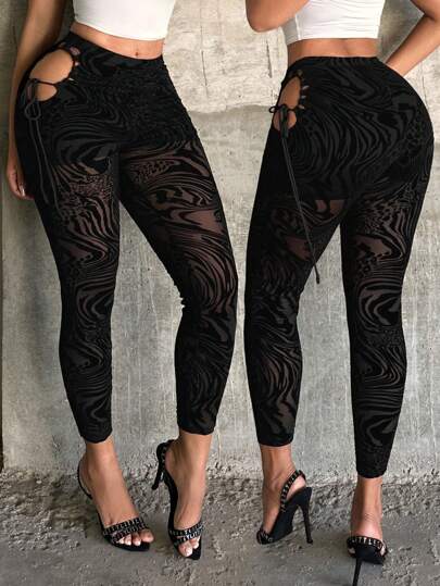 SHEIN SXY 女式斑马纹侧开衩系带网眼打底裤，女式打底裤，女式黑色裤子，网眼，性感，夜店装扮，性感女装，辣妹，街头装，夏季，Y2K，外出