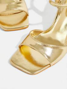 CUCCOO TILAWA Women's Gold Square Toe Thick High Heel Slides, Woven Pattern High Heels Sandals - Gold - View 10