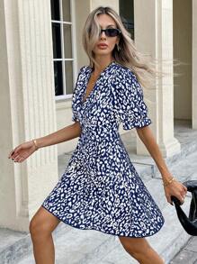 SHEIN Frenchy Women's Leopard Print V-Neck Short Sleeve Casual Mini Dress Summer - Navy Blue - View 3