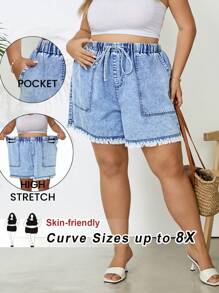 SHEIN CURVE+ Plus Size Women Drawstring Waist Fringe Detail Big Pocket Denim Shorts - Medium Wash - View 8