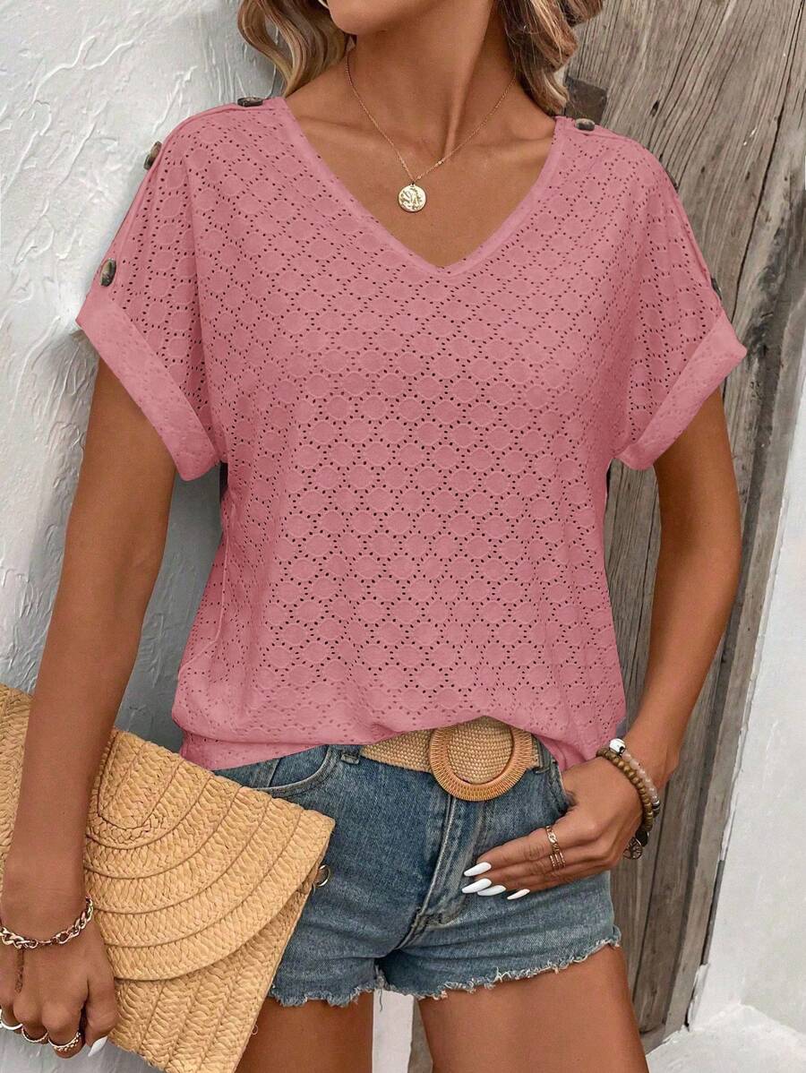 EMERY ROSE Camiseta informal de manga corta con cuello en V liso y decoración de botones, para verano - Rosa Oxidada - Ver 1