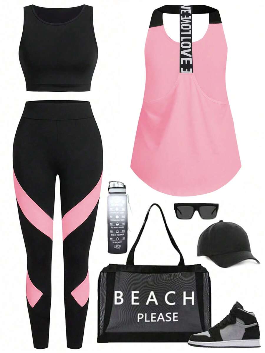 Eassivo Eassivo Contrast Color Patchwork Tank Top And Leggings Sports Suit Workout Women Sets - Pink - View 1
