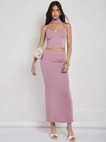 COSMINA Women's Simple Cropped Camisole Top And Split Hem Skirt 2 Pieces Set, Summer - Dusty Pink - View 5