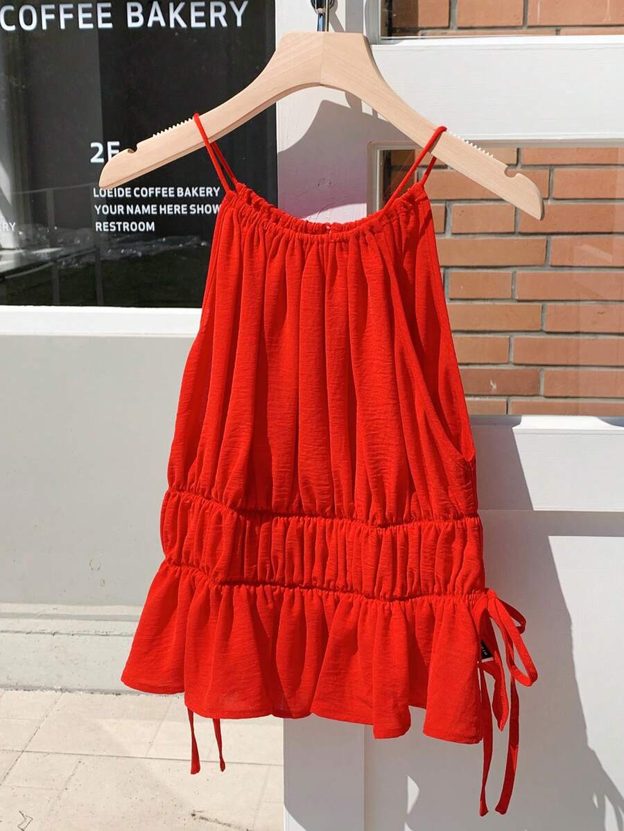 Comfortcana Plus Size Women's Summer Solid Red Backless Camisole With Side Tie, Suitable For Street & Holiday Wear Red Ruched Top Tie Detail Top Red Camisole Red Vacation Top Red Casual TopValentine's Day Red Tank Top - Red - View 1