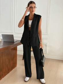 Siren Gaze Enkel pendlingskostym med knytning framtill, väst och byxor i 2 delar, sommar, affärsmässig kvinna i höst/vinter - Svart - Visa 4