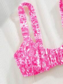 SHEIN Swim Springbreak Tropical Floral Ruched Wide Strap Bandeau Sexy Women Holiday Bikini Swimwear Top For Summer Beach Vacation - Pink - View 3