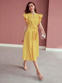 MOTF PREMIUM VESTIDO CON VOLANTES Y ENTALLADO CON CINTURÓN - Amarillo - Ver 4
