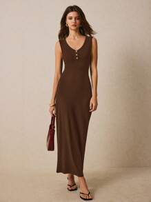 Poéselle Women's Button Design V-Neck Sleeveless Long Casual Dress,Business Casual Woman,Summer Dresses For Women - Brown - View 4