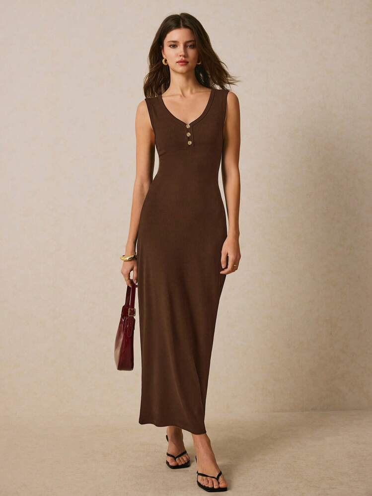 Poéselle 女士纽扣设计 V 领无袖长款休闲连衣裙 - 棕色 - 查看 4