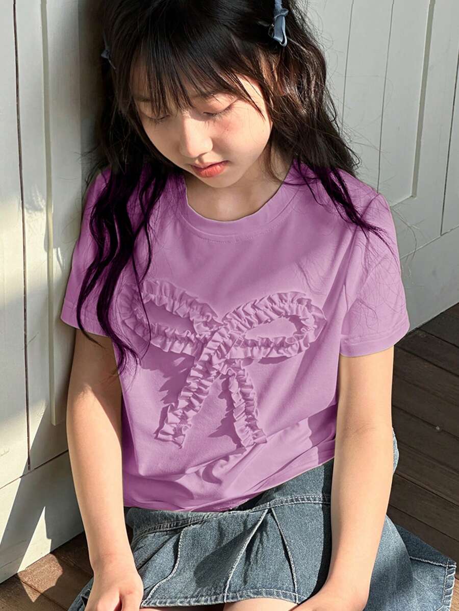 DAZY Tween Girl Crew Neck Knit Short Sleeve T-Shirt, For Fall,Back To School Clothes - Purple - View 1