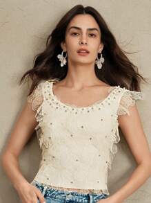 Anewsta ملابس علوية أو تي شيرت نسائي مطرز براق وعصري للربيع والصيف - أبيض - مشاهدة 7