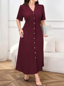 Modelyn 加大码纯色前排纽扣夏季短袖连衣裙长款女士装长款晚礼服