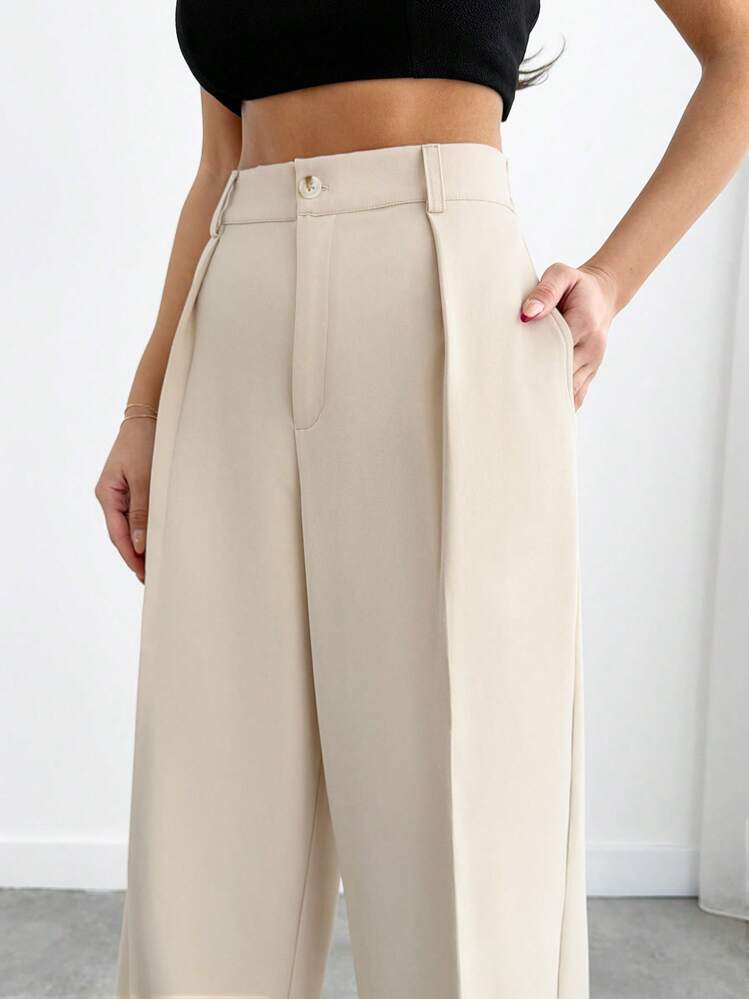 EURMUSE Tailored High-Waisted Wide-Leg Suit Pants With Elastic Back – Sophisticated Style In Light Beige - Beige - View 4