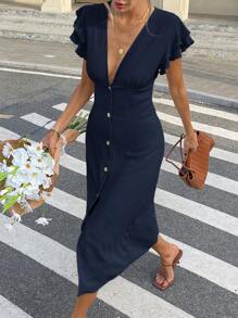 Serisse 女式简约法式优雅腰部收腰迷你盖袖连衣裙 - 藏蓝色 - 查看 8