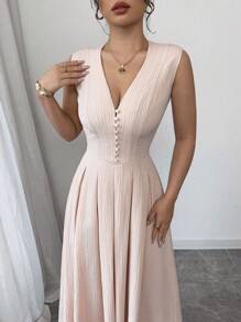 Selianne Elegant Sexy Button Front Bodycon Midi Dress, Sleeveless - Apricot - View 6