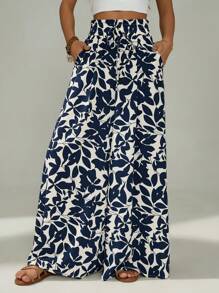 SHEIN PETITE 女式高腰口袋褶皱阔腿度假植物印花裤 - 藍白色 - 查看 6