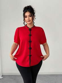 Elenzga 大码女式时尚休闲优雅立领纽扣衬衫 - 紅色 - 查看 1