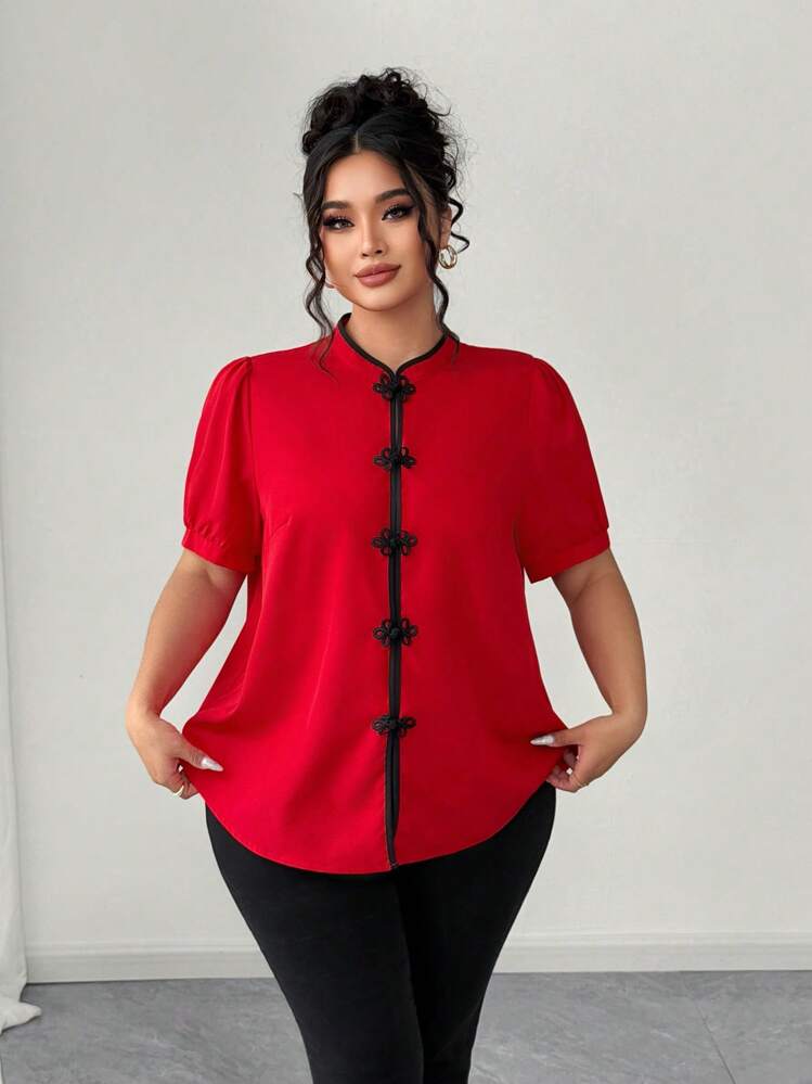 Elenzga 大码女式时尚休闲优雅立领纽扣衬衫 - 紅色 - 查看 1