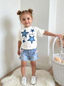 Baby Girls Cute Light Blue Washed Denim Color Bow Ruffled Hem Elastic Waist Casual Versatile Denim Shorts - Light Wash - View 3