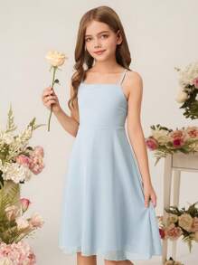 Elegant Simple & Fashion Sleeveless High Waist Mid-Length Blue Tone Casual Dress For Tween Girl, Summer Wedding Junior Bridesmaid Dress