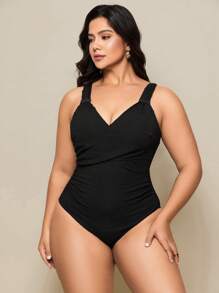 Swim Basics Plus Size One Piece Swimwear, Minimalist Beach Holiday Style For Summer Beach Vacation - Black - View 5