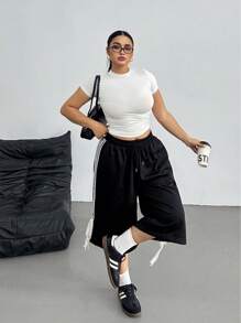 POPSWAY Plus Size Women's Spring/Summer Black Casual Sports Street Style Knit White Lace-Up Bermuda Shorts