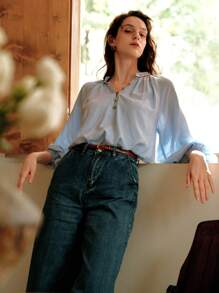 Chiquease Áo sơ mi vải lanh dài tay dáng ôm vừa vặn dành cho nữ có cổ đứng thêu, viền ruy băng tương phản và nút, trang phục thường ngày cho công sở và đường phố - Màu xanh lam - Xem 2