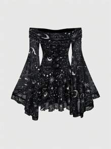 ROMWE Đầm hở vai tay loe họa tiết ngôi sao và mặt trăng cổ điển Gothic - màu đen - Xem 2