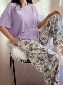 DAZY 2pcs Women Loose Fit Printed Short Sleeve Pajama Set - Purple - View 1