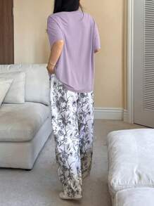 DAZY 2pcs Women Loose Fit Printed Short Sleeve Pajama Set - Purple - View 2