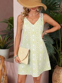 SHEIN VCAY Women's Graphic Print Lace Patchwork Sleeveless Casual Dress,Summer Dresses For Women - Multicolor - View 5