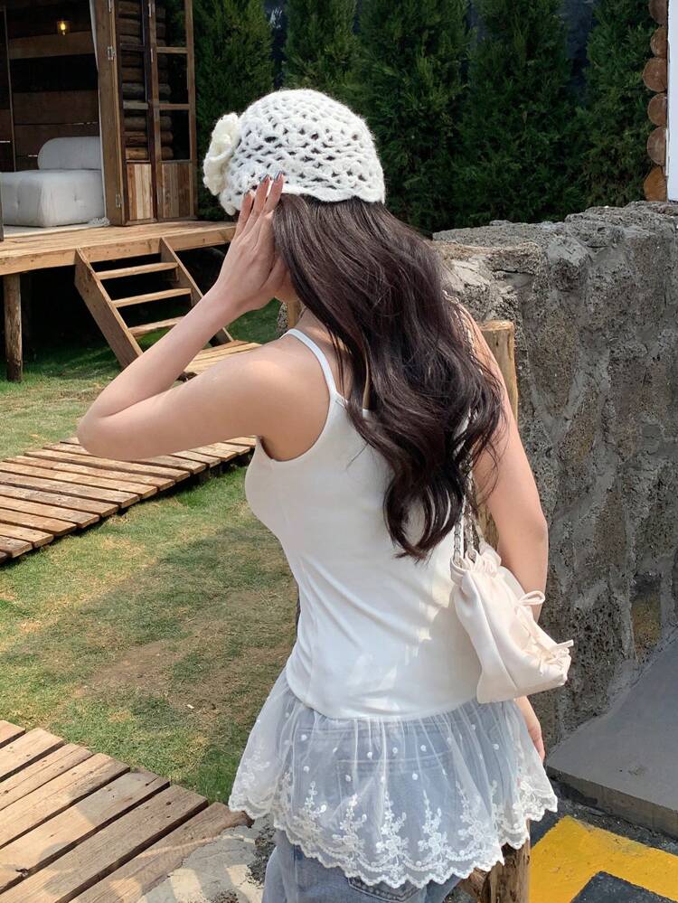 Summer Women Contrast Lace Slim-Fit Spaghetti Strap Casual Tank Tops For Vacation,Ruffle