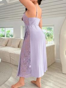 SHEIN Camisola de noche con parches de encaje y empalmado, con lazo asimétrico en el lateral para tallas grandes - Morado - Ver 4
