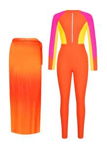 Swim Shayni 3pcs/Set Women Summer Zip-Front Round Neck Long Sleeve Bodysuit + Orange Long Pants + Orange Side Button Mesh Maxi Skirt Casual Vacation Burkini Suit - Multicolor - View 3