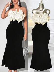 Rafferiza Women's Romantic Elegant 3D Floral Chiffon Organza Flowers Wedding Guest High Elastic Fabric Birthday Dresses Evening Dress Tube Concert Outfit Bandeau Fishtail Party/Holiday/Date 2025 New Long Dress - Black - View 5