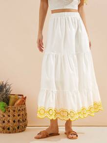 WESTFADE Western Country Spring Colorblock Floral Embroidered Smocked Waist Ruffle Hem Skirt For Summer Beach Vacation
