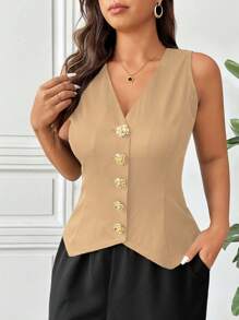 SHEIN Frenchy Plus Size Khaki Woven Fabric V-Neck Sleeveless Top With Decorative Button Casual Blouse - Khaki - View 5